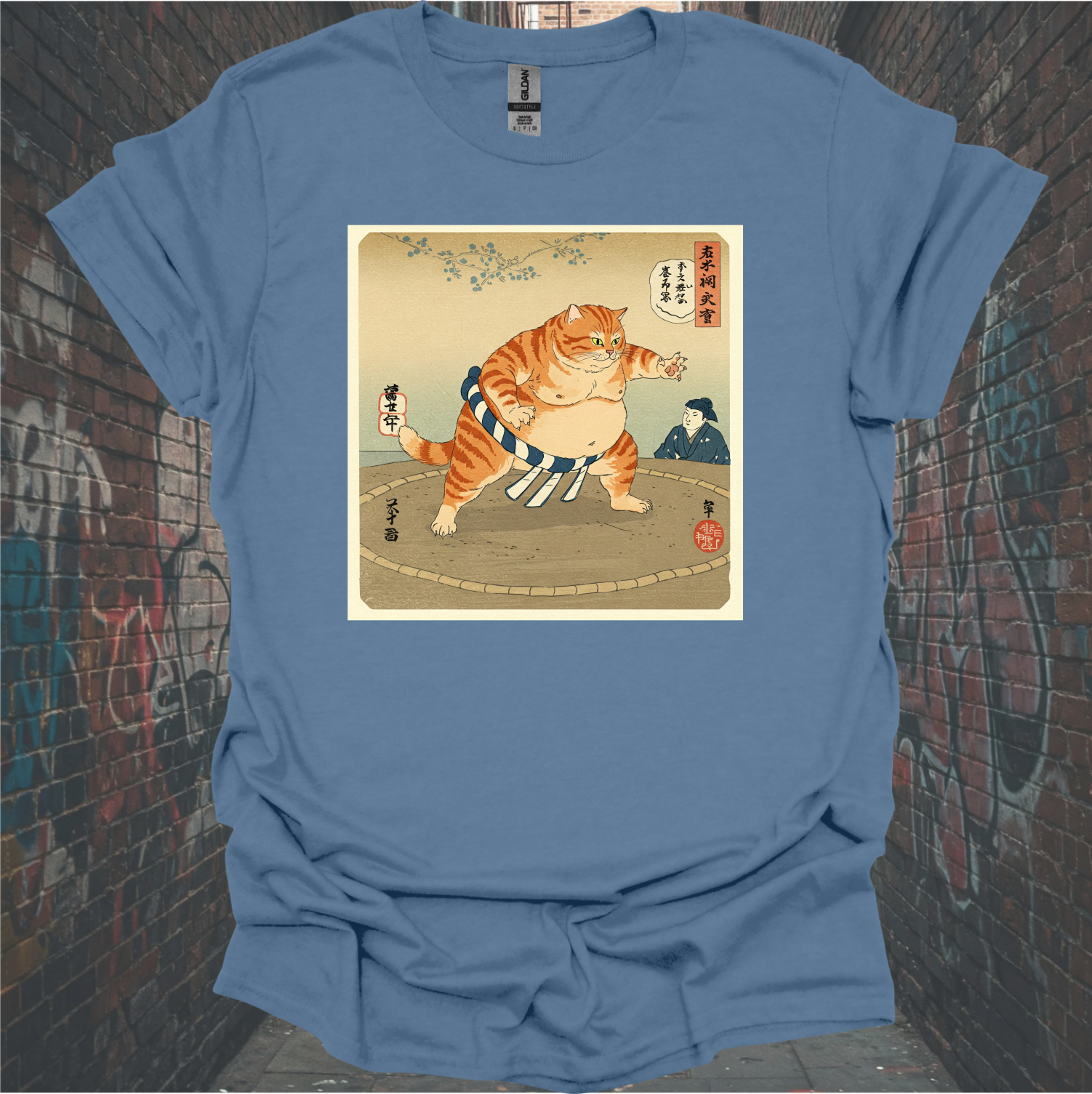 Japanese Sumo Cat Unisex Softstyle T-Shirt - Fun and Quirky Graphic Tee