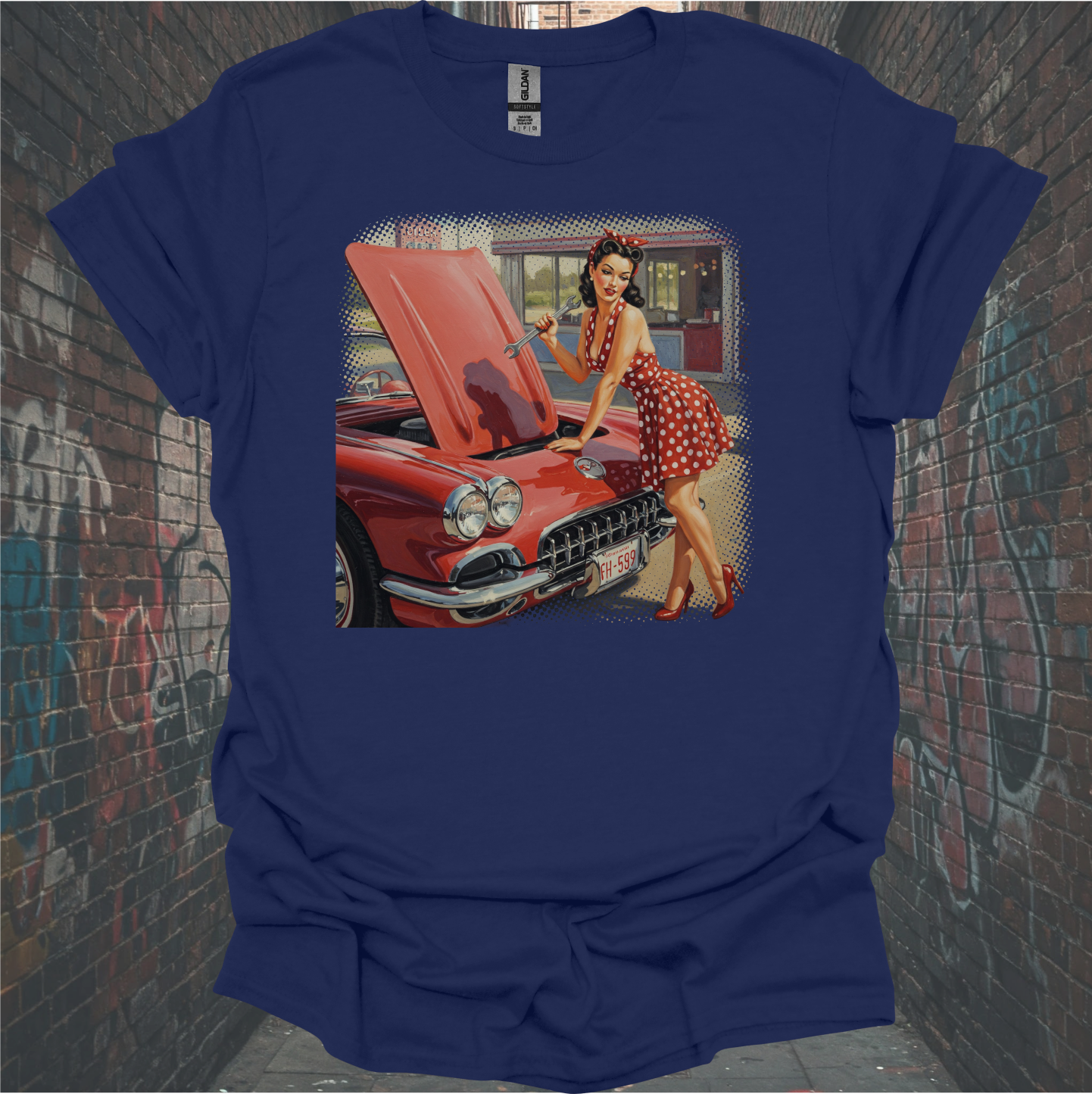 Retro Car Lover T-Shirt - Vintage Style Pin-Up Girl and Vette Design