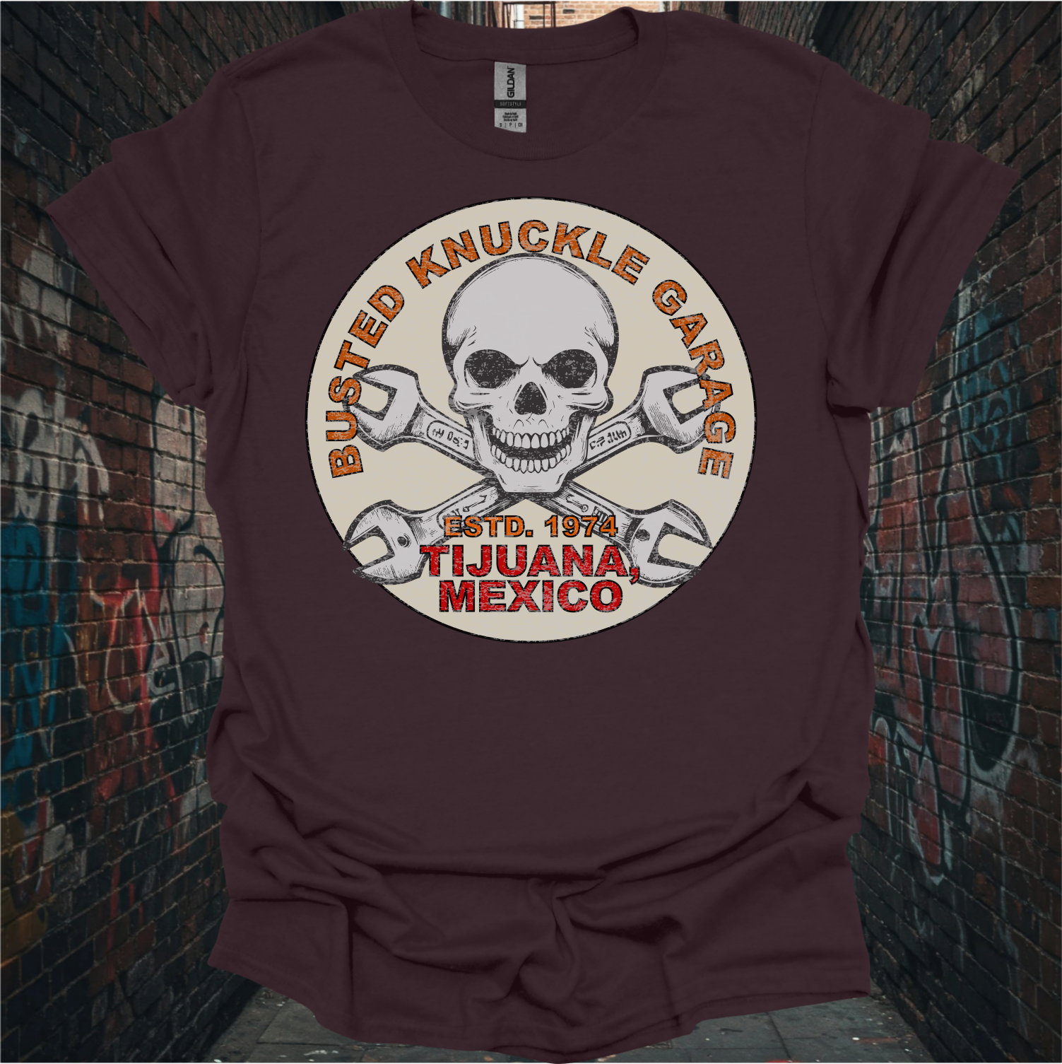 Busted Knuckle Garage Skull Graphic T-Shirt - Unisex Softstyle Tee for Motorcycle Enthusiasts